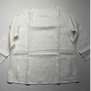 Italian Linen White Tunic Top US 4 IT 38 Sheer Lace Inset Pockets Made Italy